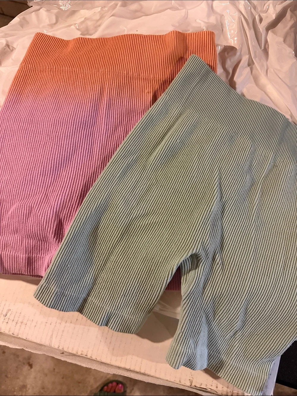 Eyeshadow Ombre Orange-to-Pink Ribbed Shorts & Light Green Ribbed Shorts